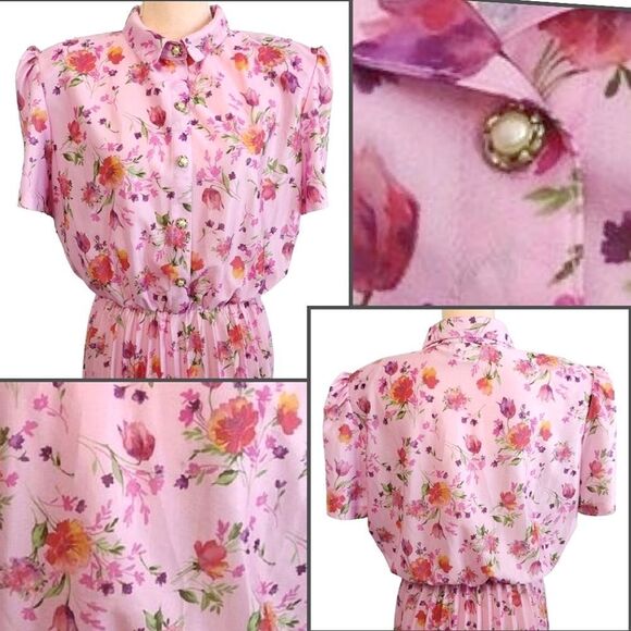 VTG 80s Pink Floral Short Sleeve Buttoned Midi Dress Size 20P *Fits like Large - Picture 4 of 16